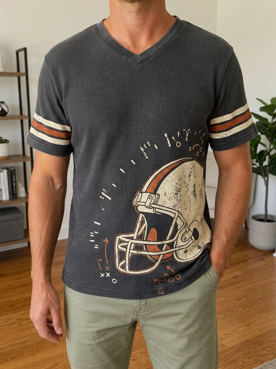 Men's Heritage Football Fan Vintage Helmet Playbook Printed Waffle Top
