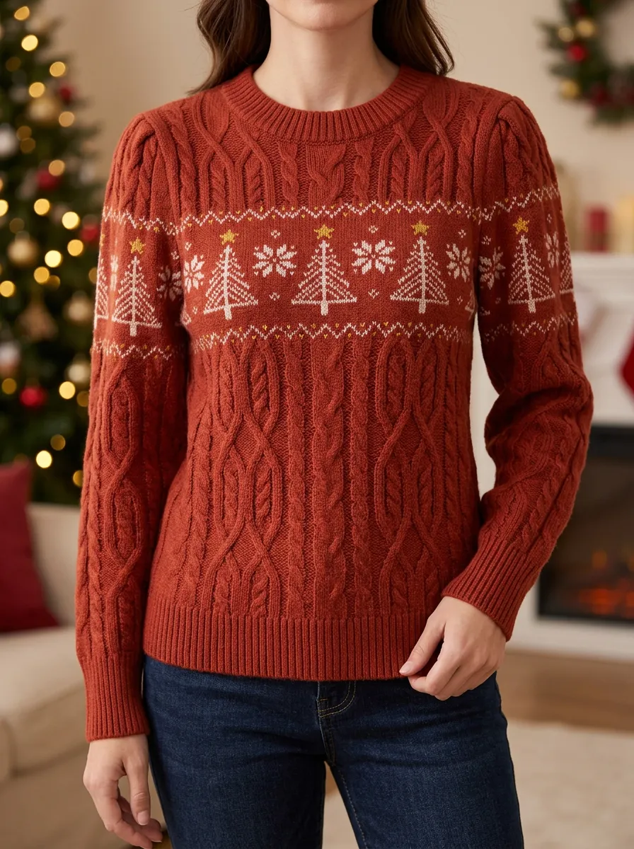 Christmas Holiday Tree Snowflake Pattern Print Cable Knit Sweater