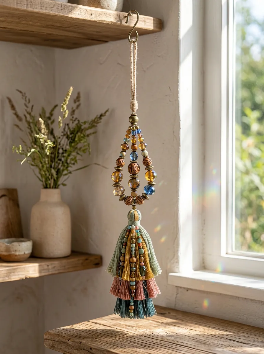 Boho Beaded Crystal Tassel Suncatcher Hanging Ornament