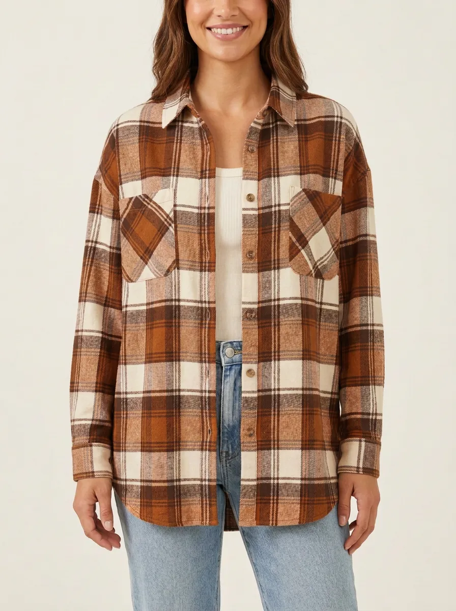 Layered Plaid Checkered Plaid Long-Sleeve Shirt