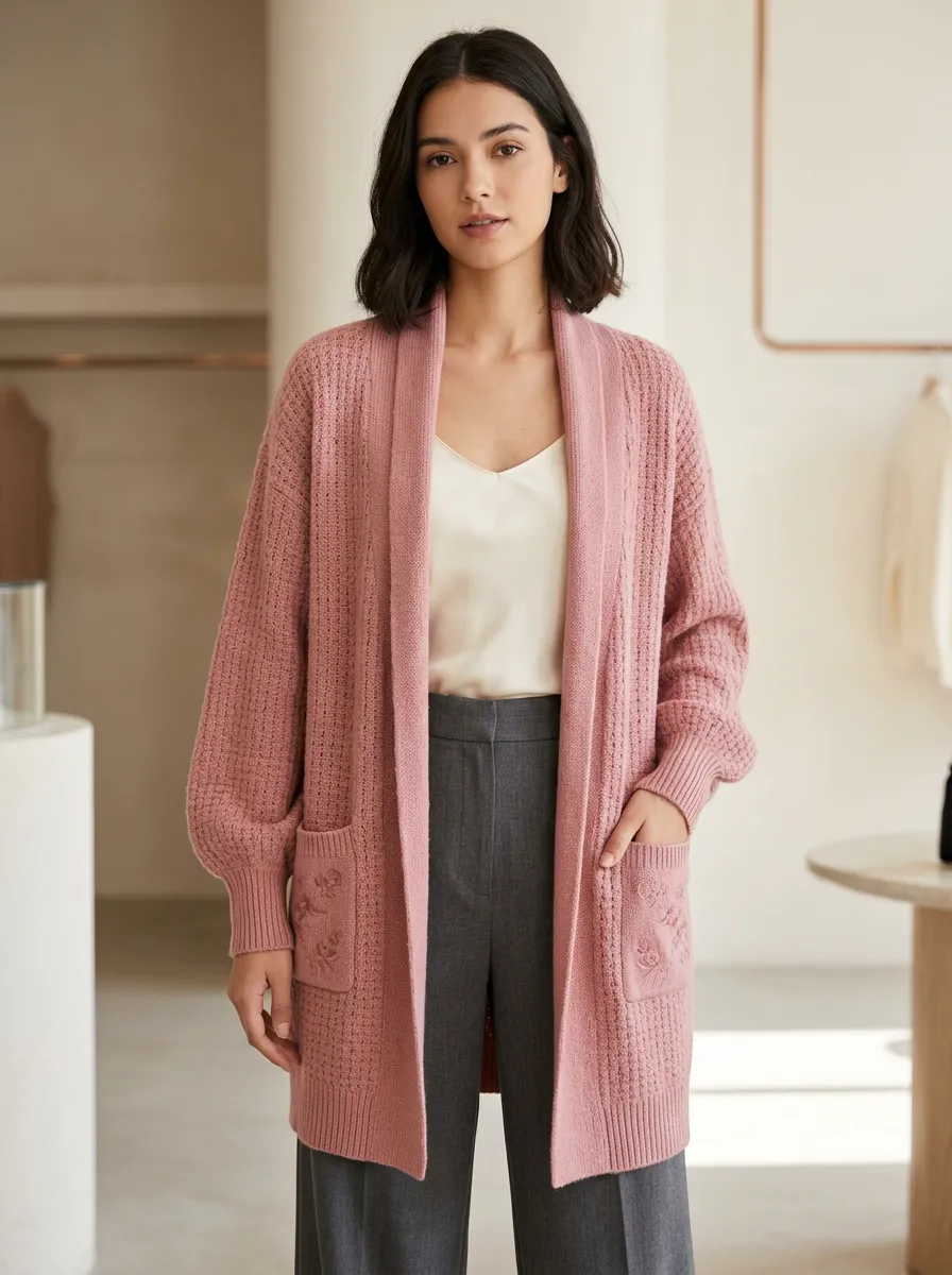 Women's Pink Floral Pocket Textured Knit Cardigan