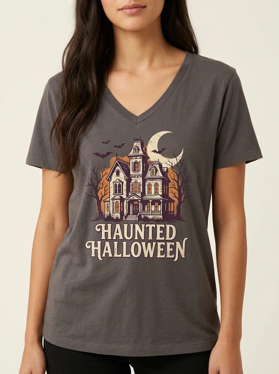 Women's Halloween Haunted House Moon Bats Printed V-neck T-shirt