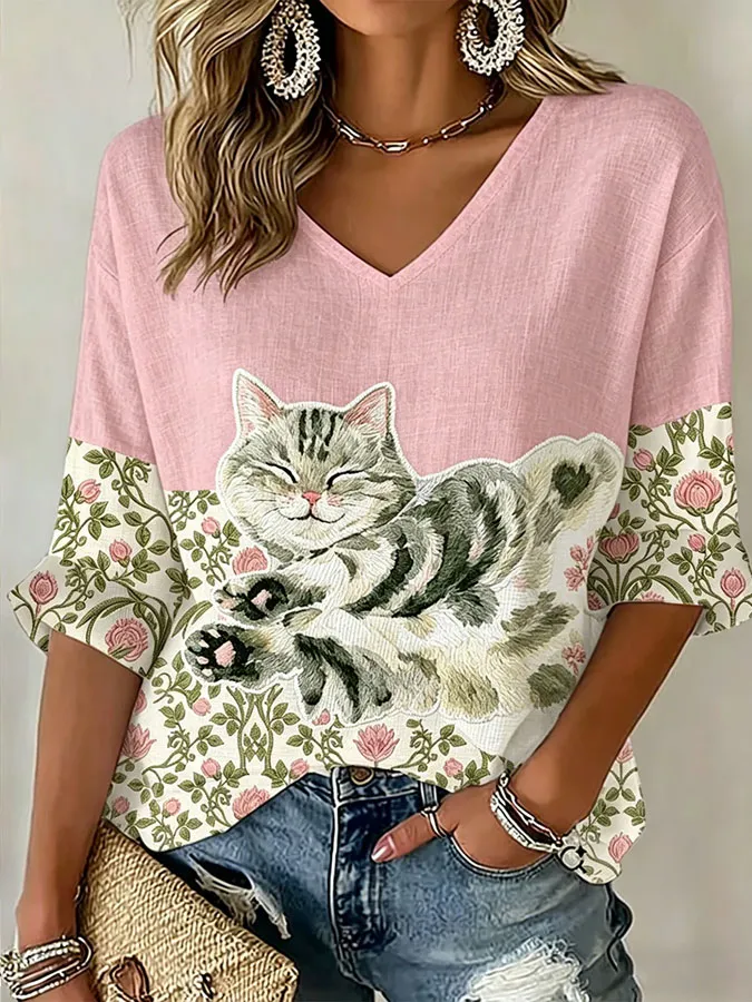 Women'S Cute Cat Printed Long Sleeved Cotton And Linen Top