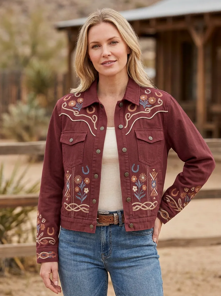 Women's Western Cowboy Horseshoe Horse Floral Embroidered Denim Jacket
