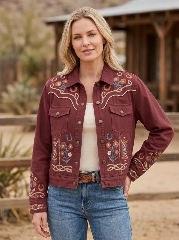 Women's Western Cowboy Horseshoe Horse Floral Embroidered Denim Jacket