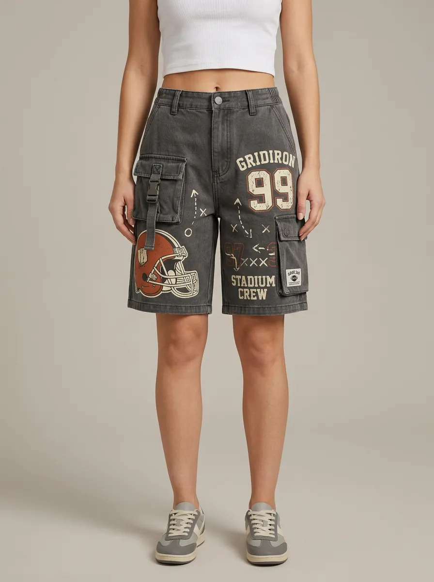 Women's Football Fan Gridiron Helmet Printed Cargo Shorts