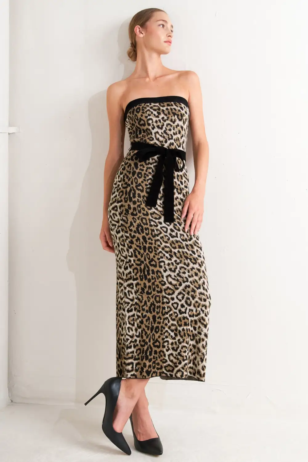Strapless Knit Leopard-Print Midi Dress