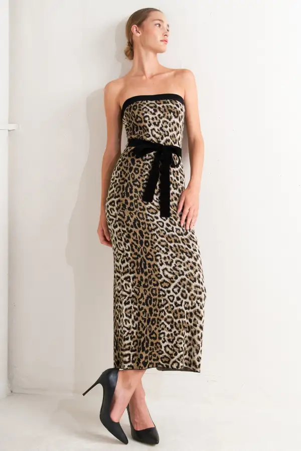 Strapless Knit Leopard-Print Midi Dress