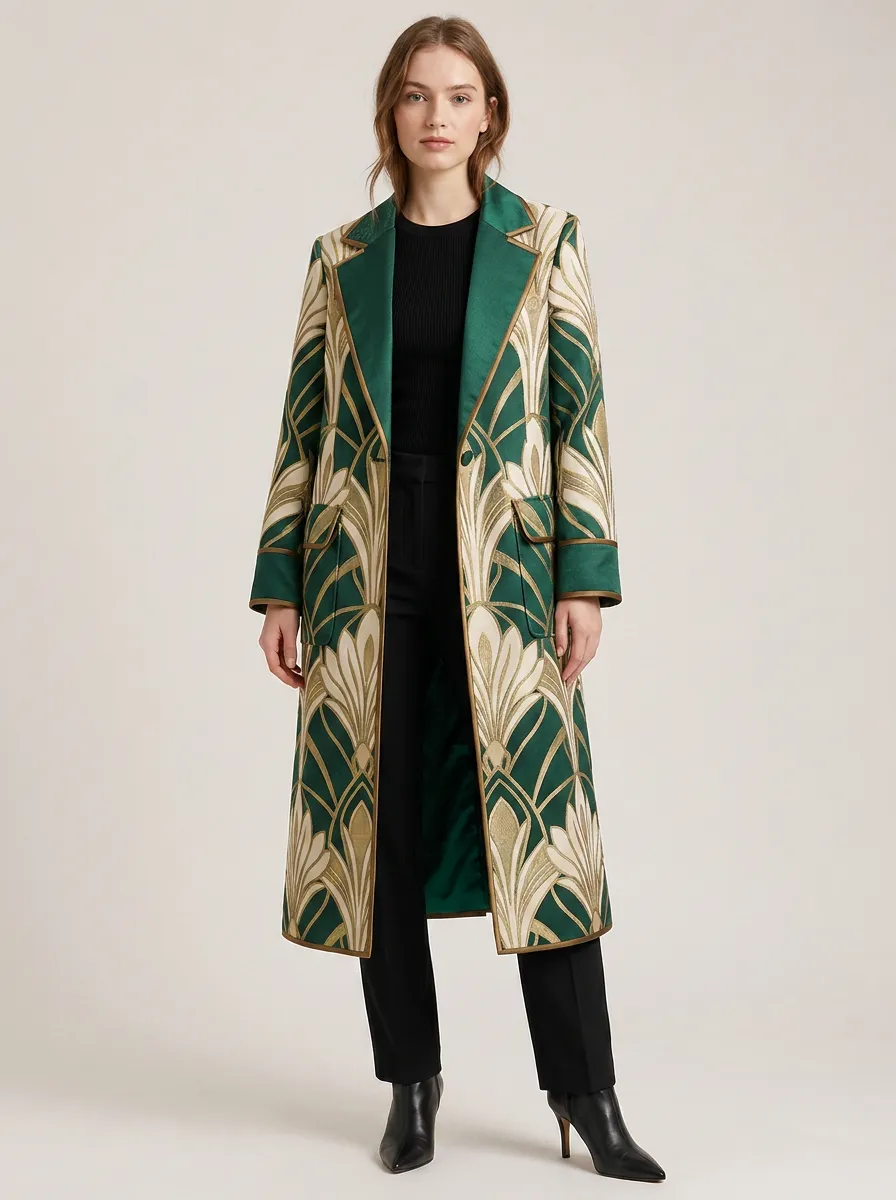 Women's Art Deco Floral Green Printed Long Coat