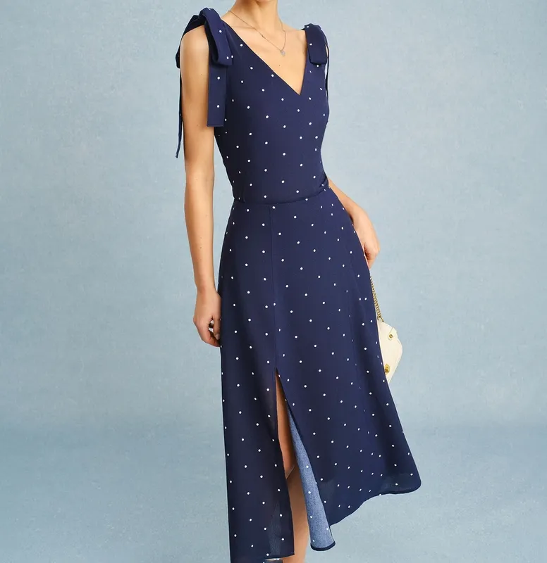 Navy Polka Dot Slit Midi Skirt