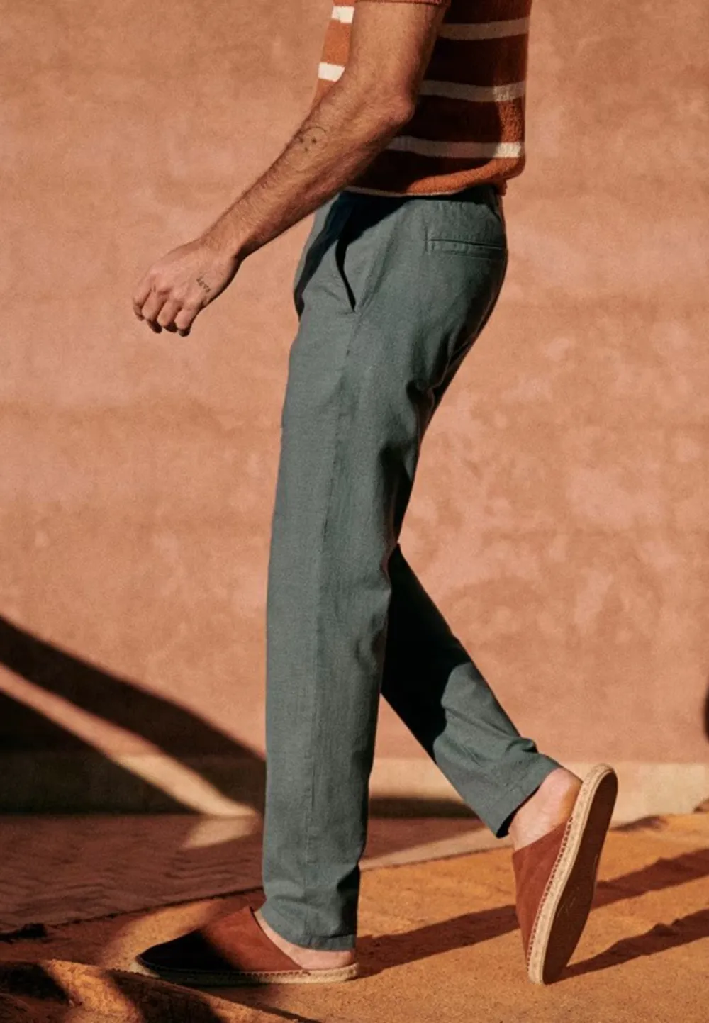 Olive Green Cotton Linen Blend Casual Trousers