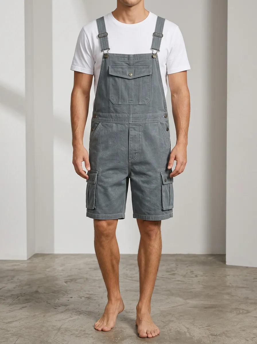 Men's Outdoor Utility Casual Cargo Bib Overalls Shorts