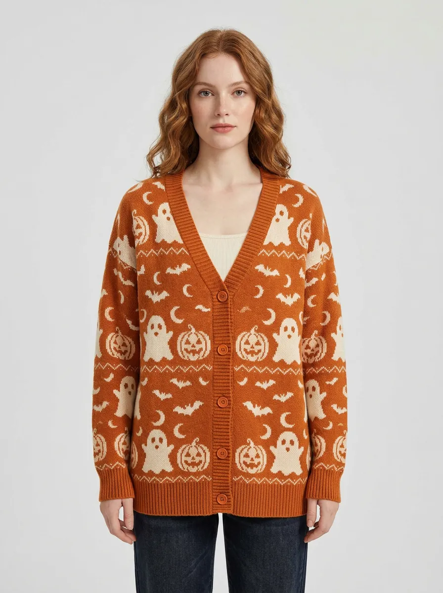 Women's Halloween Ghost Pumpkin Bat Pattern Printed Cardigan