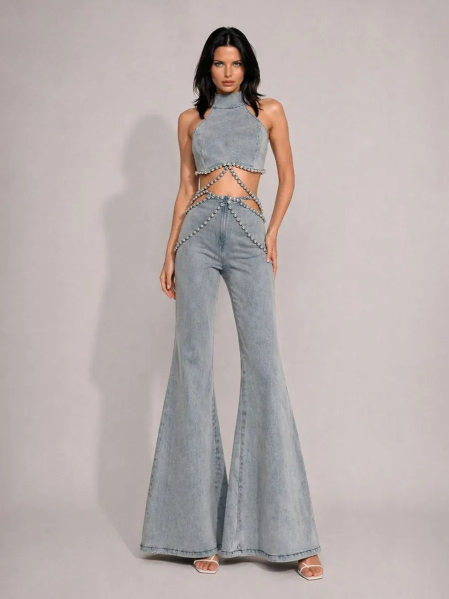 Aislinn Rhinestone-Embellished High-Waisted Denim Two Piece Set