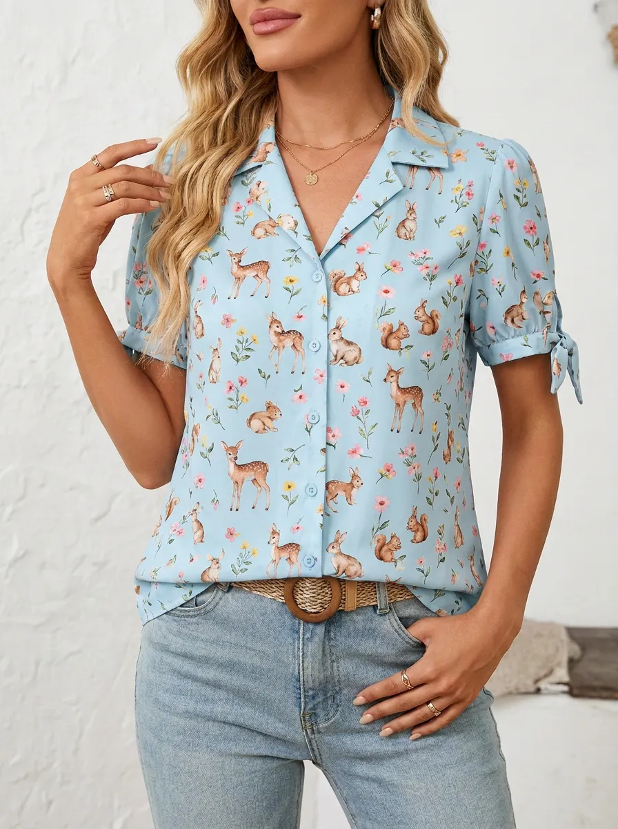 Rabbit Deer Squirrel Women's Loose Printed Blouse