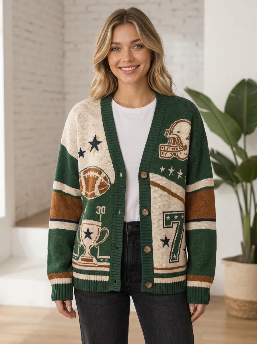 Women's Gridiron Helmet Trophy Number Knit Cardigan