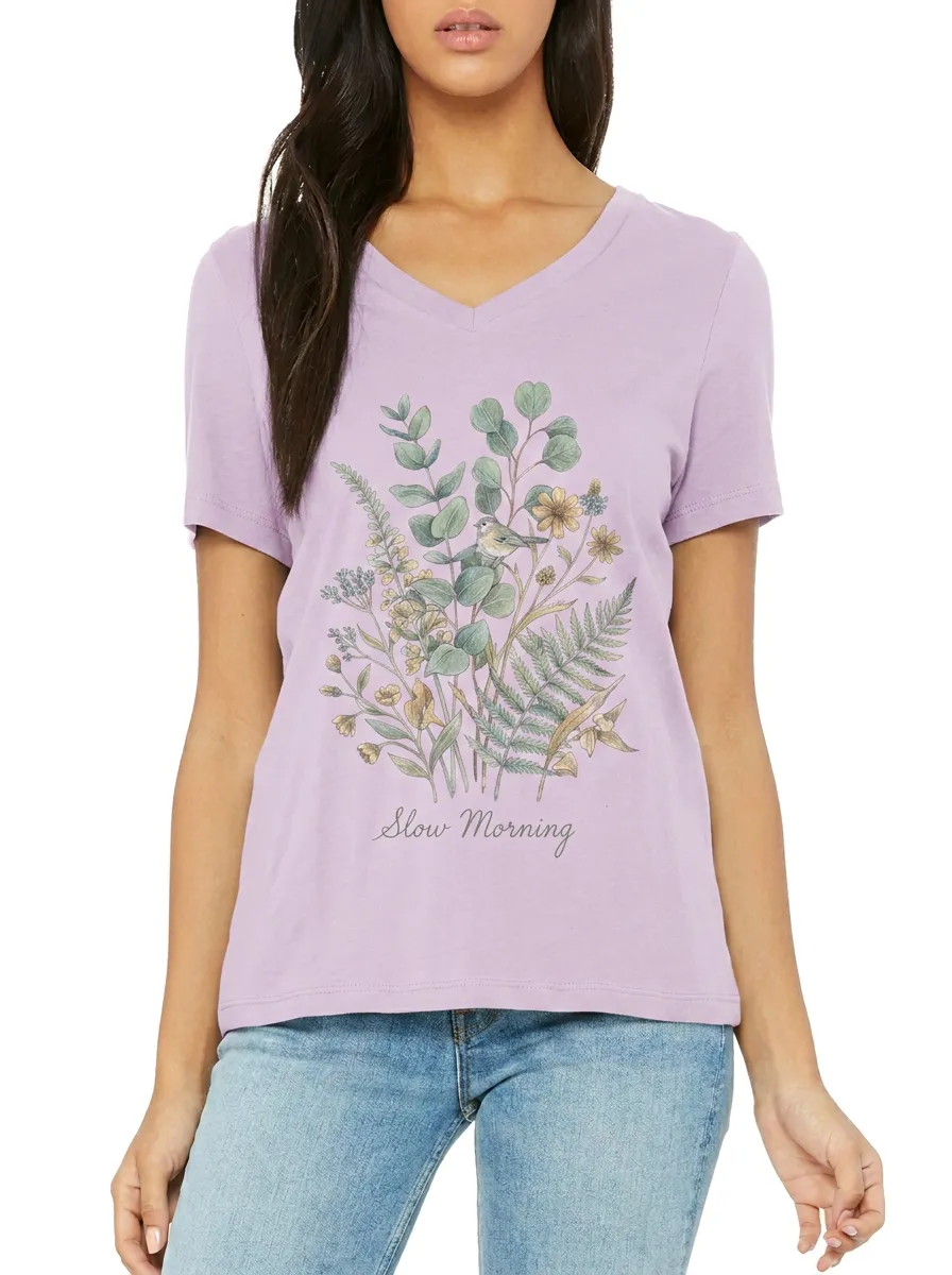 Women's Nature Lover Slow Morning Bird Floral Printed V-neck T-shirt