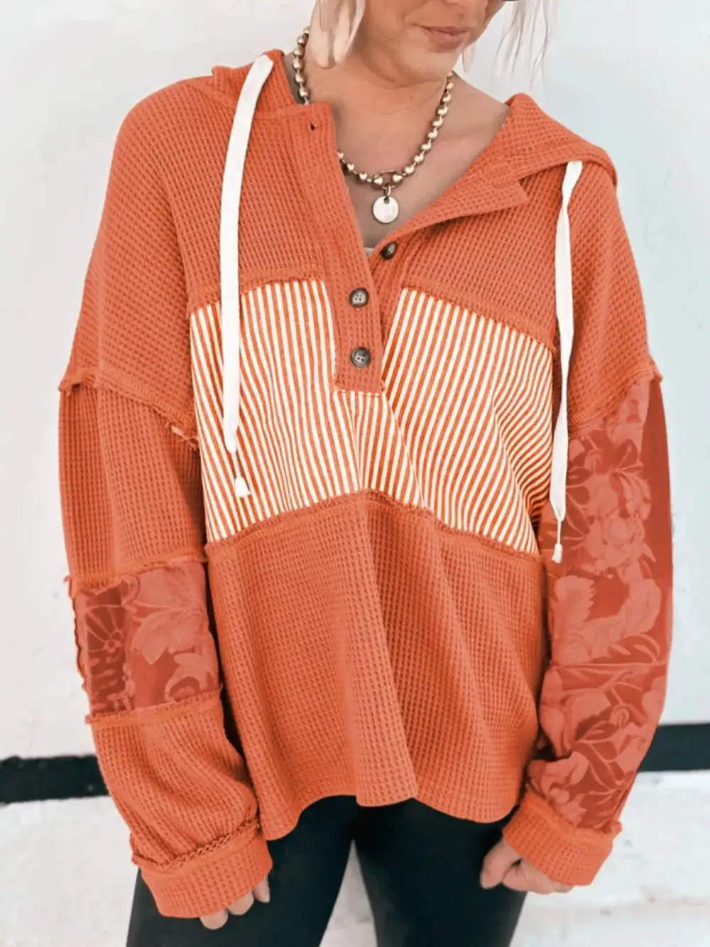 Refined Drawstring Buttoned Waffle-Textured Knit Hoodie