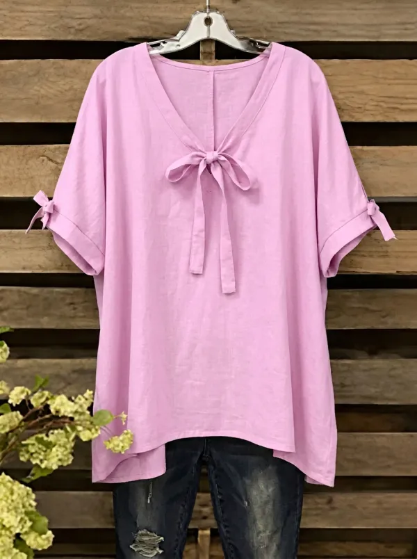 Women's V-neck Tie-neck Short Sleeve Blouse
