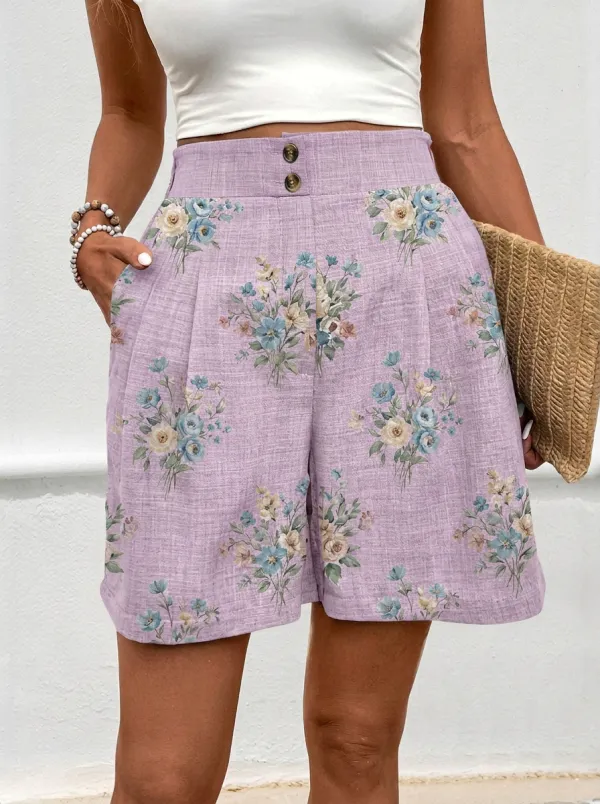 Women's Vintage Floral Botanical Printed Linen Shorts