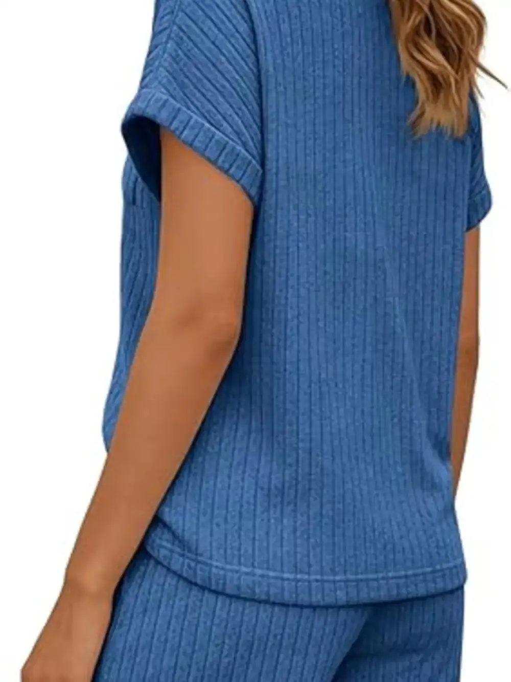 Casual Ribbed Knit Tee Shorts Set