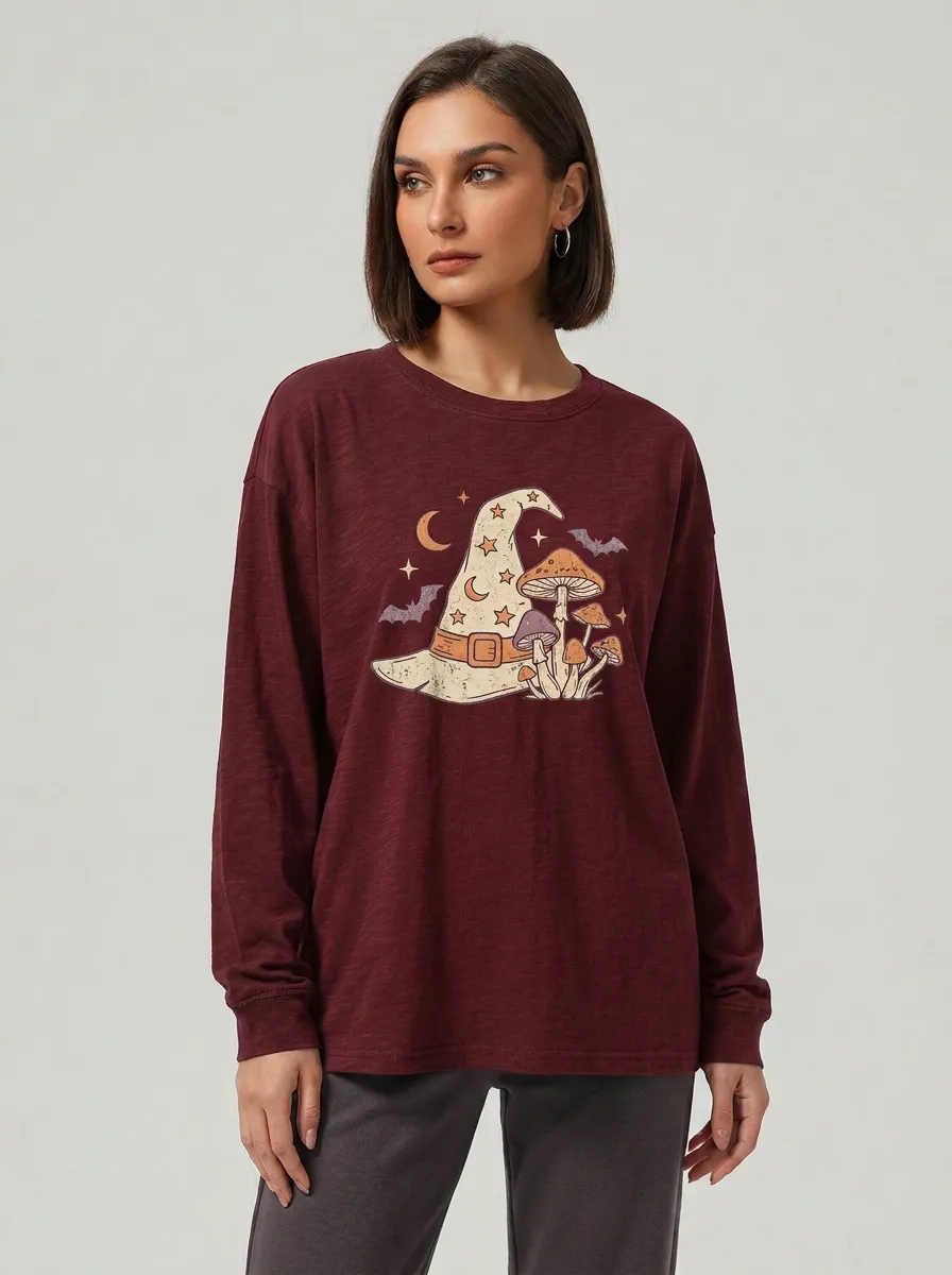 Women's Halloween Witch Hat Mushroom Printed Long Sleeve T-shirt