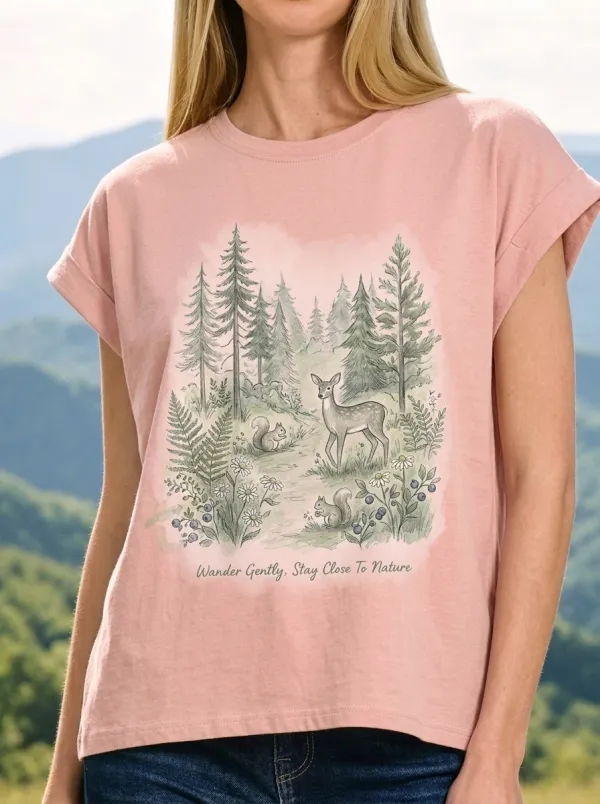 Women's Nature Lover Deer Squirrel Forest Printed T-shirt