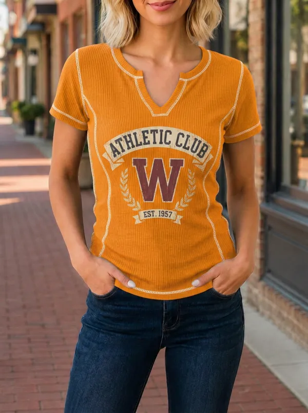 Women's Athletic Club W Letter Printed Ribbed V-Neck T-Shirt