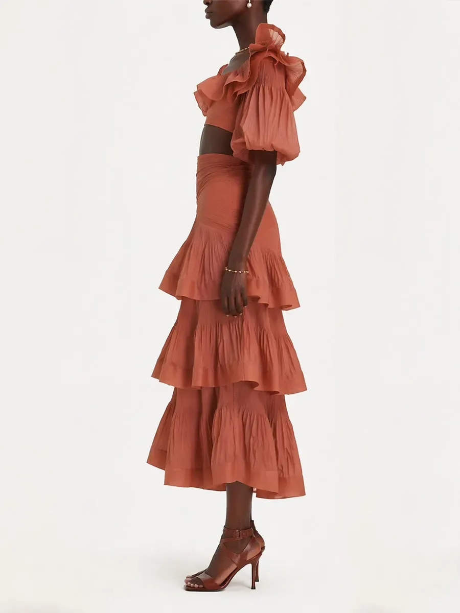 Willow Tiered Short-Sleeve Top & Long Skirt Two-Piece Set