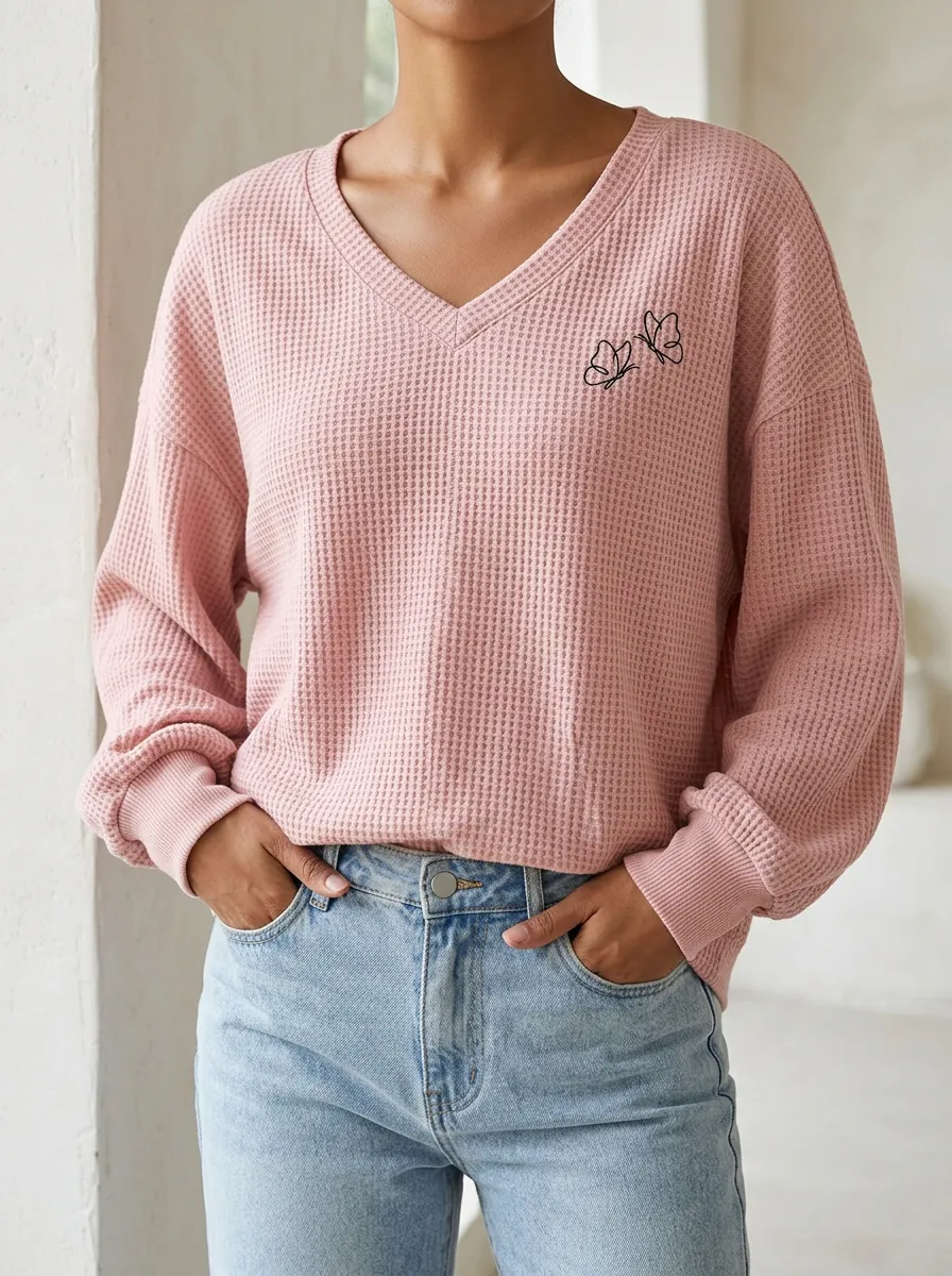 Women's Butterfly Lover Minimalist Line Art Printed Waffle Knit Sweatshirt