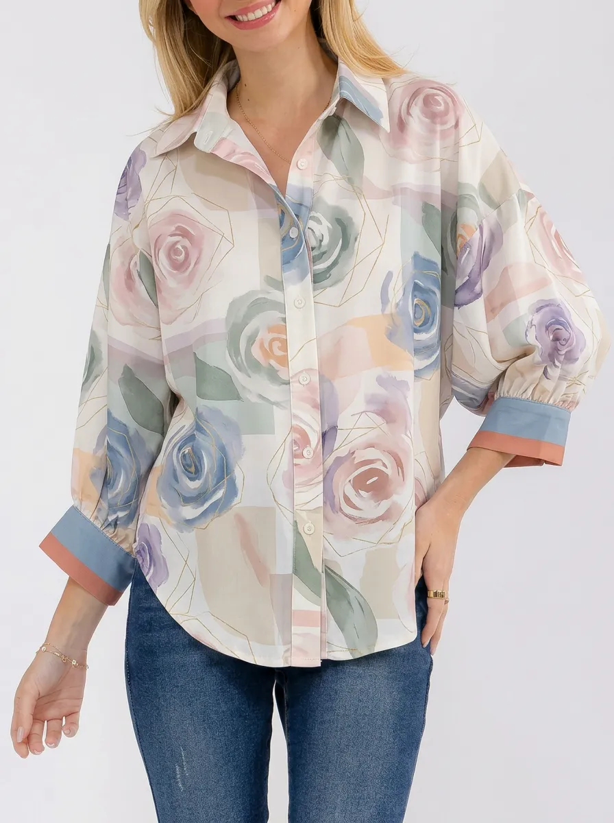 Women's Floral Art Watercolor Rose Printed Button-Down Shirt