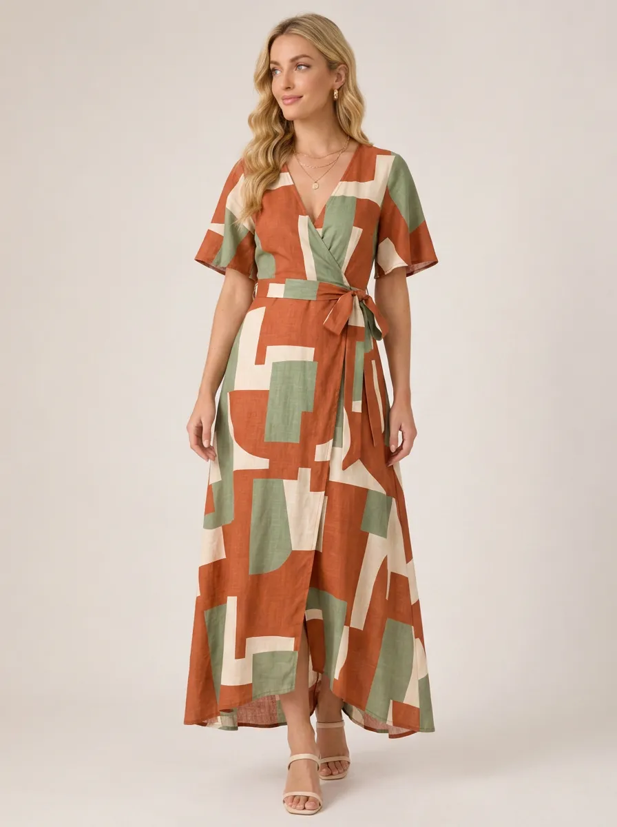 Women's Geometric Abstract Print V-Neck Printed Wrap Dress