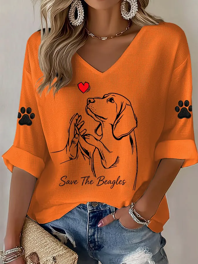 Women's Save The Beagles Print V Neck Top