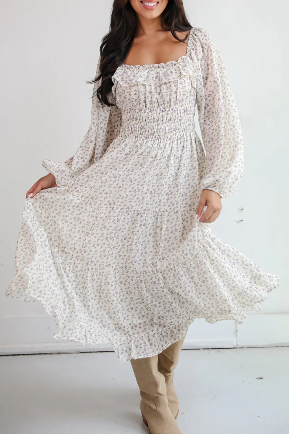 Cream Floral Print Midi Dress
