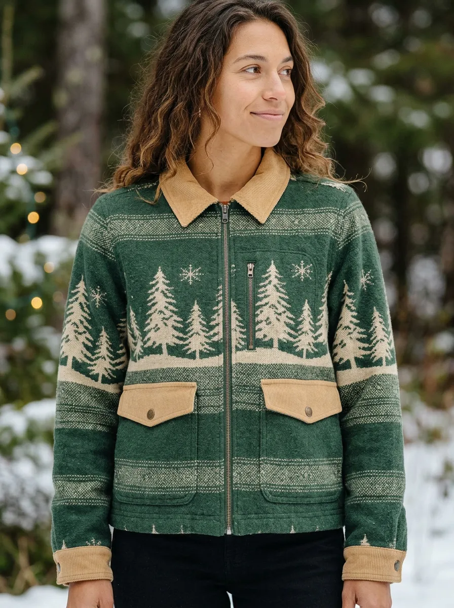 Christmas Holiday Pine Tree Snowflake Print Jacket