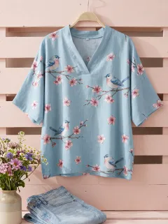 Cherry Blossom Bird Nature Women's Loose Printed Blouse