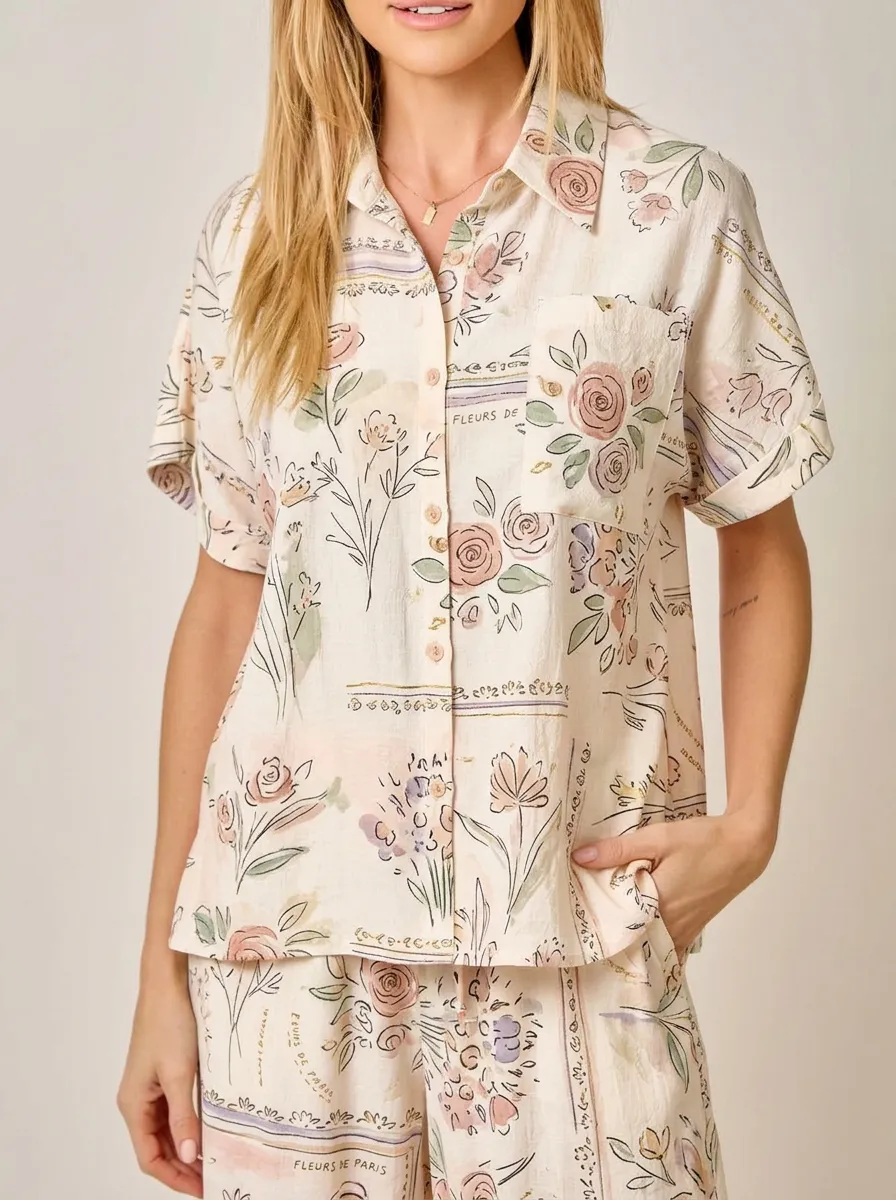 Women's Vintage Floral Paris Printed Button Down Shirt