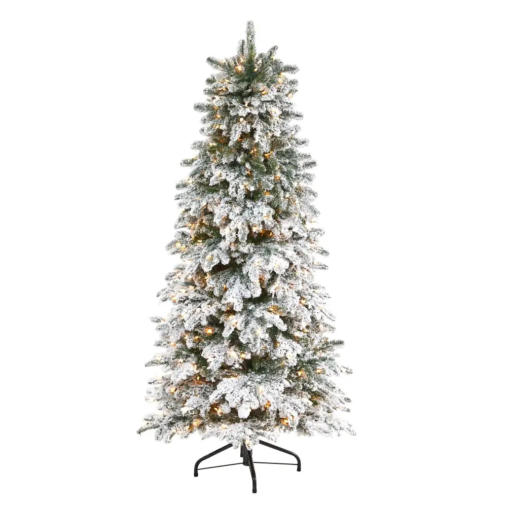 Flocked North Carolina Fir Artificial Christmas Tree with Warm Lights and Bendable Branches