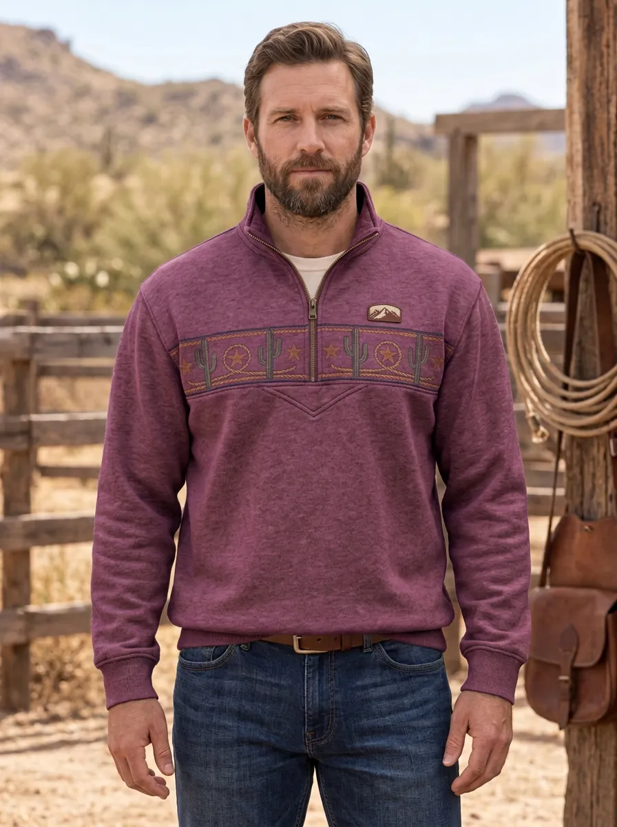 Men's Western Cowboy Cactus Star Quarter-Zip Sweatshirt