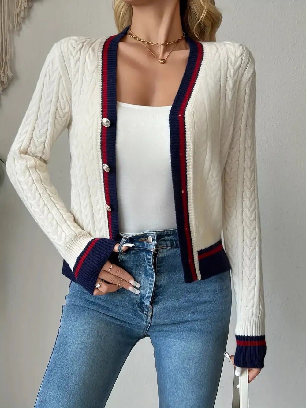 Contrast Trim Cable Knit Cardigan