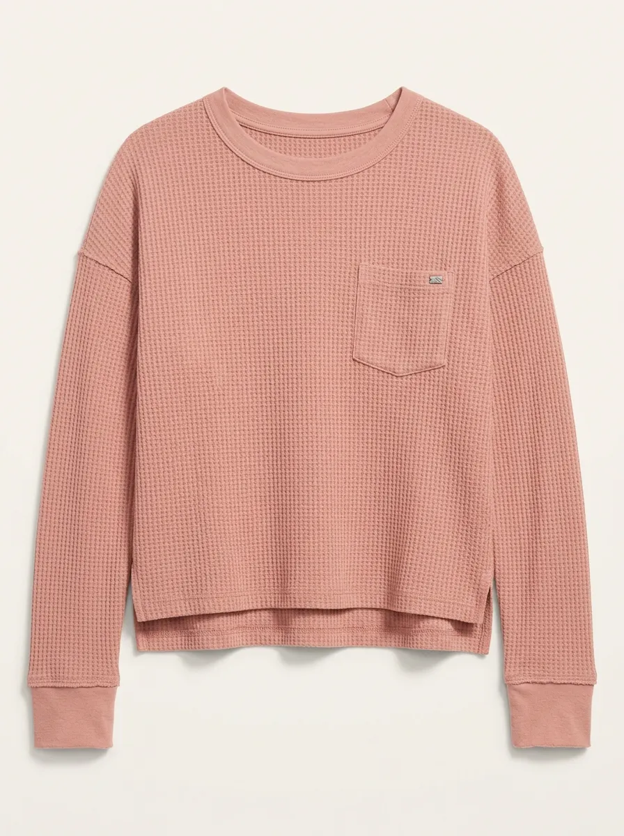 Women's Pink Waffle Knit Pocket Crewneck Long Sleeve Top
