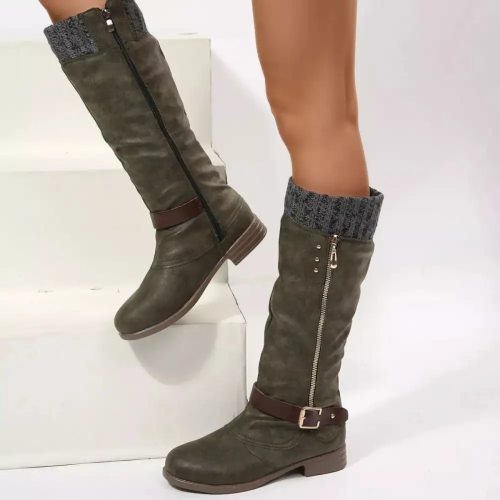 Ruffled Round Toe Block Heels Boots
