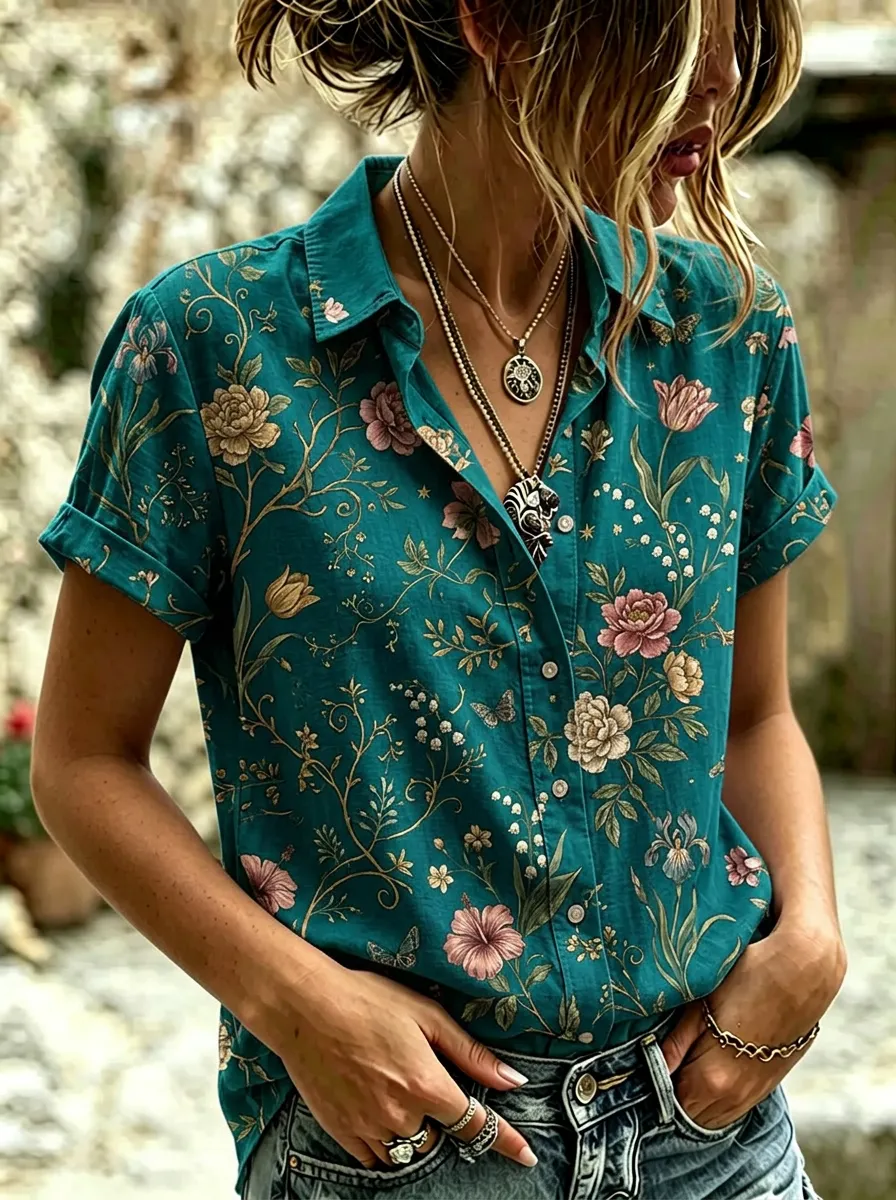 Women's Botanical Floral Vintage Garden Printed Short Sleeve Shirt
