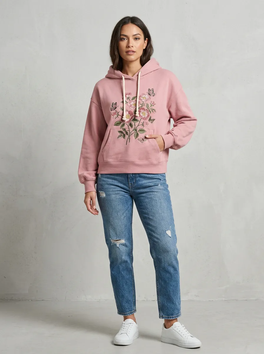 Women's Dusty Rose Floral Embroidered Denim Kangaroo Pocket Braided Drawstring Hoodie