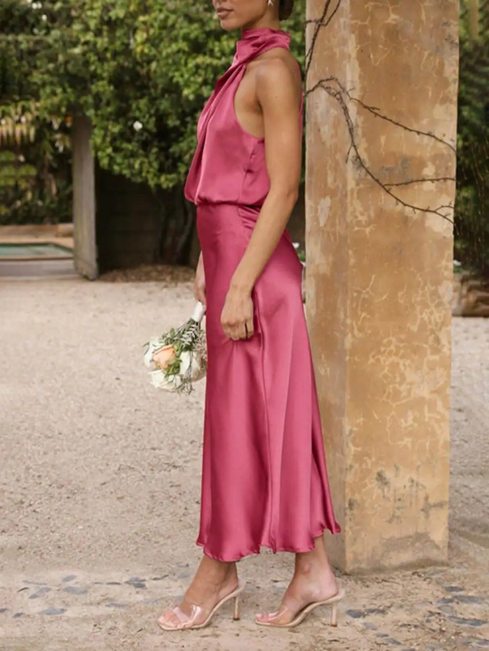 Bridesmaid Sleeveless High Neck Dresses Midi Dress