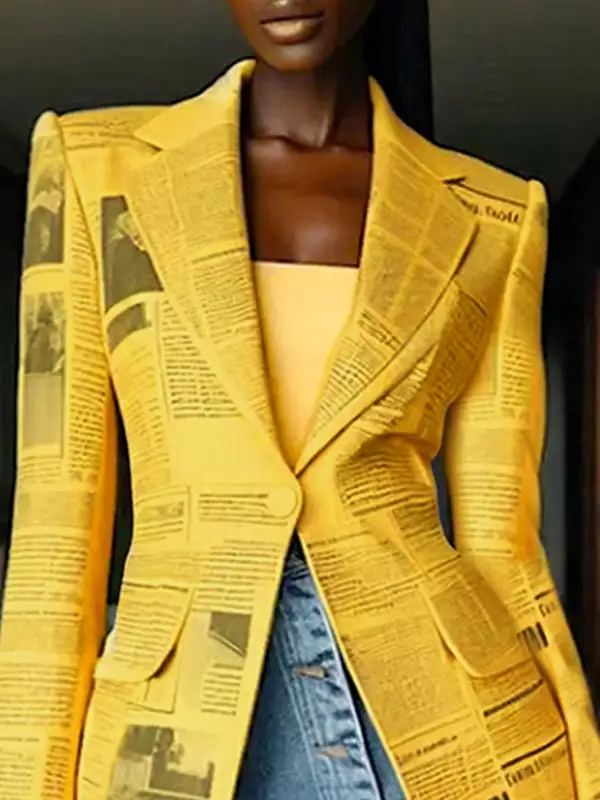 Long Sleeve Newspaper Print Split Lapel Blazer