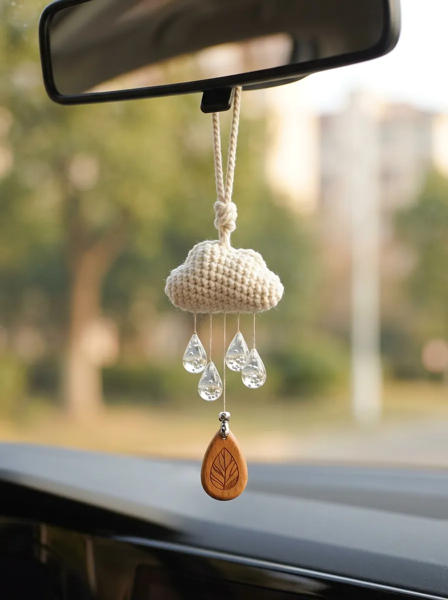 Crochet Cloud Wooden Leaf Rearview Mirror Hanging Ornament