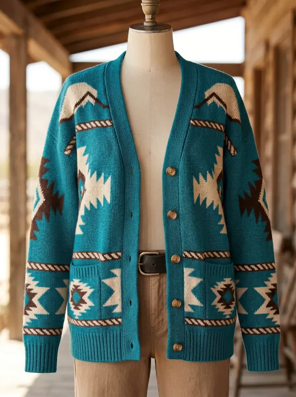 Women's Western Tan Southwestern Pattern Knit Cardigan