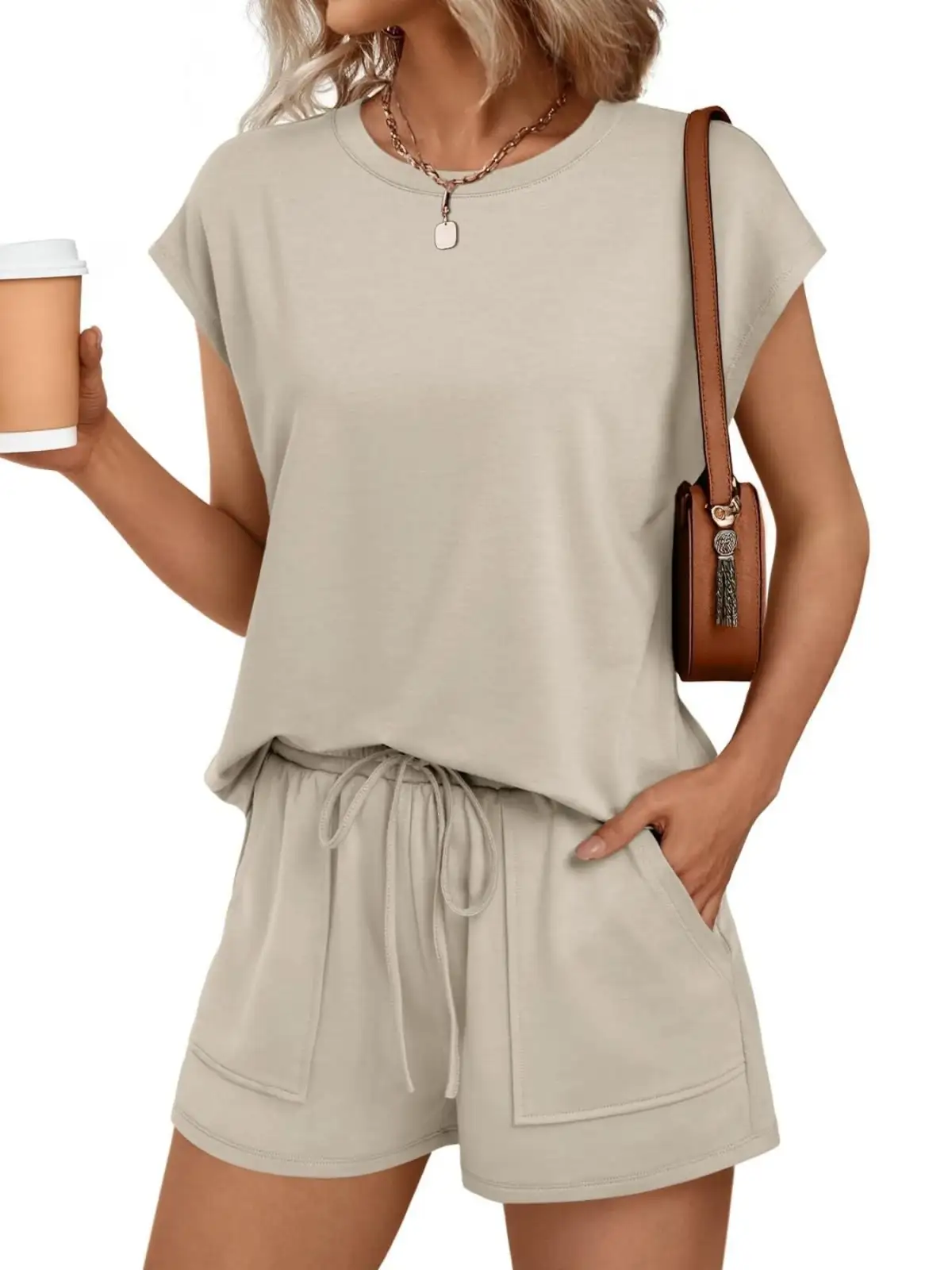 Tailored Drawstring Pocketed Top and Shorts Matching Set
