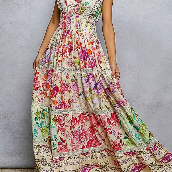 Floral Smocked Ruffle Detail Sleeveless Dress
